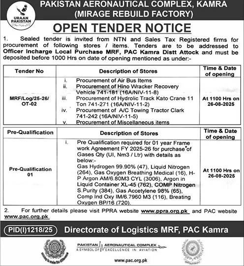 Pakistan Aeronautical Complex Kamra Tender Notice
